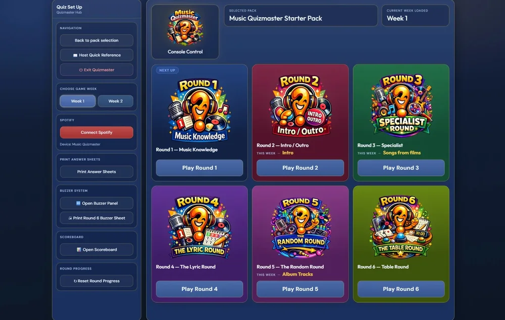 The Music Quizmaster Hub — round selector screen showing all 6 rounds
